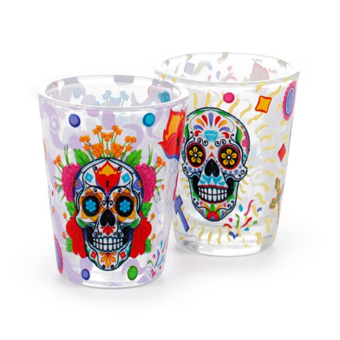 Set of 2 Day of the Dead Glass Shot Glasses (50ml)